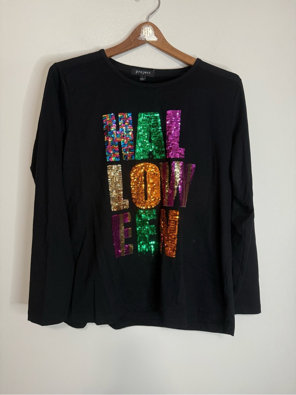 Project Black Sequin Holiday Lettering Long Sleeve Top size large